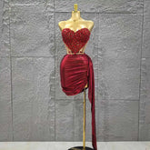 Shinning Red Crystal Women Sexy Strapless 2 Pieces Bodycon Mini Dress Nightclub Party Celebrate Birthday Photo Shoot Wear